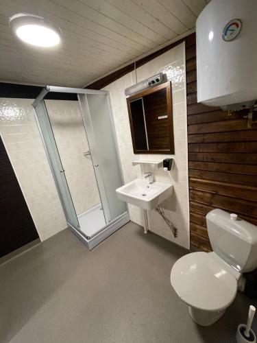 a bathroom with a toilet and a sink and a shower at Vaibla Holiday Center in Vaibla