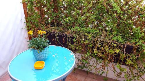 a blue table with a vase with a plant on it at Attico Barocco in Lecce