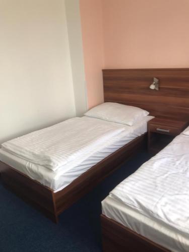 two twin beds in a room with a headboard at Apartmány wellness Frymburk in Frymburk