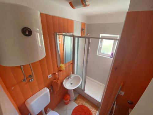 La salle de bains est pourvue d'un lavabo et d'une douche. dans l'établissement Apartments Jerine, à Tribunj