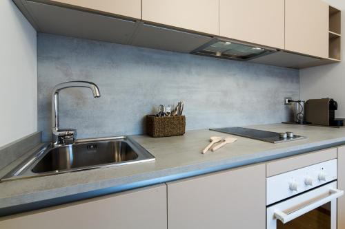 a kitchen with a sink and a counter top at Mercatovecchio Luxury Suites in Udine