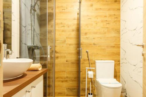 a bathroom with a toilet and a sink and a shower at Apartments NANA in Golubac