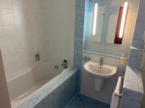 a bathroom with a bath tub and a sink at Apartmány wellness Frymburk in Frymburk