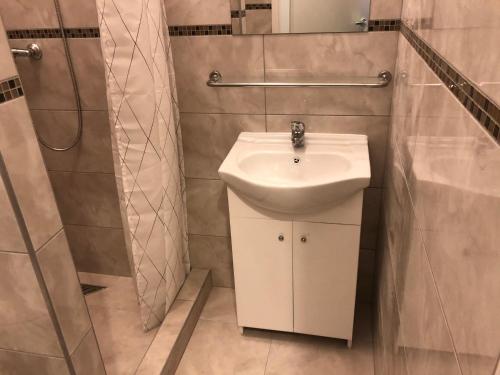 a bathroom with a sink and a shower at Omega Apartments Budapest in Budapest