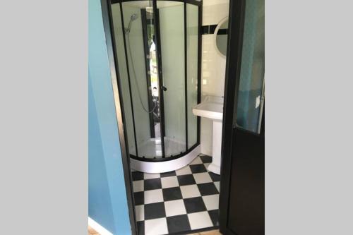 a glass shower in a bathroom with a checkered floor at La petite Brainoise - Gîte avec salle jacuzzi 120 jets in Braine