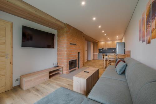 a living room with a couch and a fireplace at Apartmány DOMA Domaša in Holčíkovce