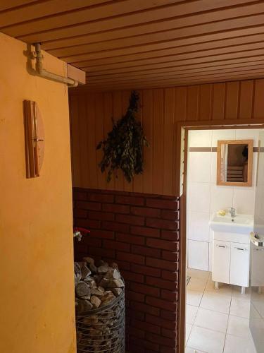 a kitchen with a brick wall and a sink at Gintaro pirtelė in Lazdijai