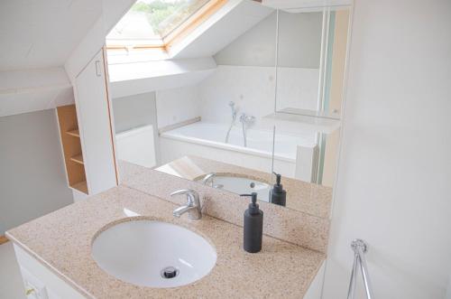 uma casa de banho com um lavatório e uma janela em Le Moulin de Bosson - Une de Mai em Ferrières