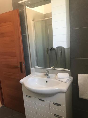 a bathroom with a sink and a mirror at Apartmani Sanda i Leo in Bibinje