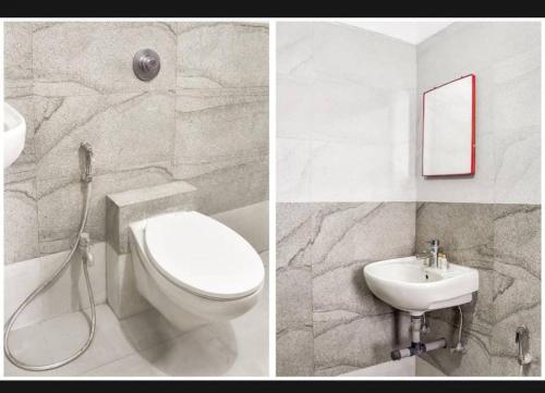 twee foto's van een badkamer met toilet en wastafel bij Hotel Relax Inn in Nagpur
