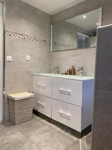 a bathroom with a sink and a mirror at Anoli Lodge in Petit-Bourg