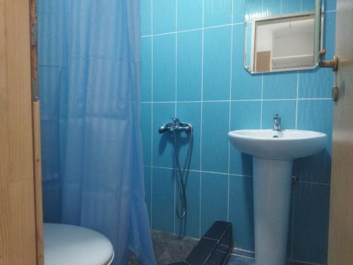 W wyłożonej niebieskimi kafelkami łazience znajduje się prysznic i umywalka. w obiekcie Georgijevic Room & Apartments w Budvie