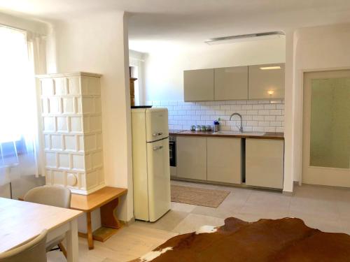 a kitchen with a white refrigerator and a table at Gästeapartments Rossatz in Rossatz