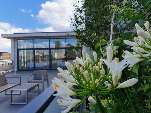 een groep banken en bloemen op een balkon bij Hope Street Hotel in Liverpool