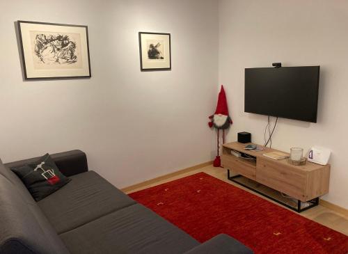 ein Wohnzimmer mit einem Sofa und einem Flachbild-TV in der Unterkunft Apart Vinschgau in Mals im Vinschgau