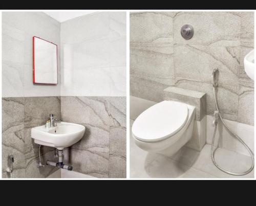 Duas fotografias de uma casa de banho com WC e lavatório. em Hotel Relax Inn em Nagpur