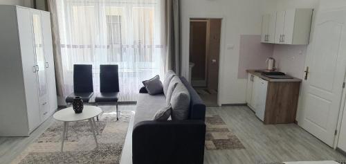 Una sala de estar con un sofá y una mesa y una cocina. en Ferhadija A&E Apartment Sarajevo, en Sarajevo