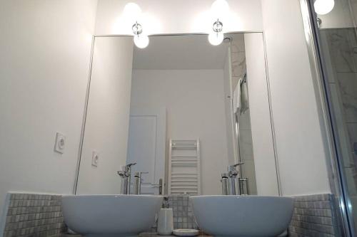 a bathroom with two sinks and a large mirror at T2 calme et design quartier Chartrons à Bordeaux in Bordeaux