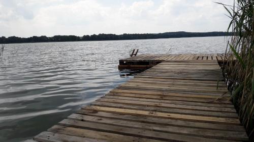 un muelle de madera sobre un cuerpo de agua en Blanki Siedlisko agroturystyczne Jestem, en Lidzbark Warmiński