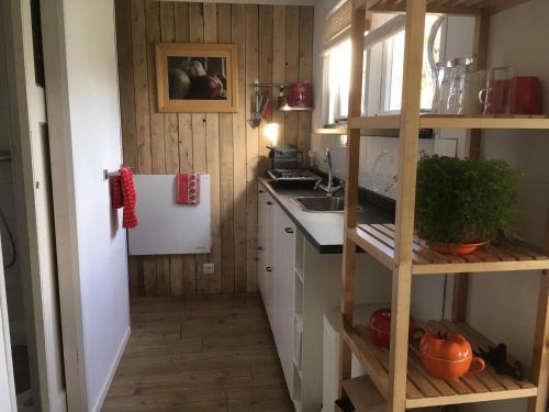 ZuidoostbeemsterにあるBeemster Tiny Houseのシンクと白い冷蔵庫のあるキッチン