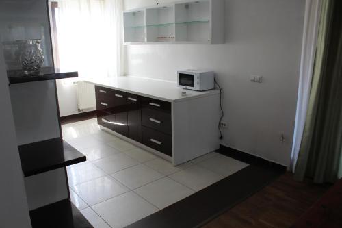 サラエボにあるVilla Čengićの電子レンジが置かれたカウンターのあるキッチン