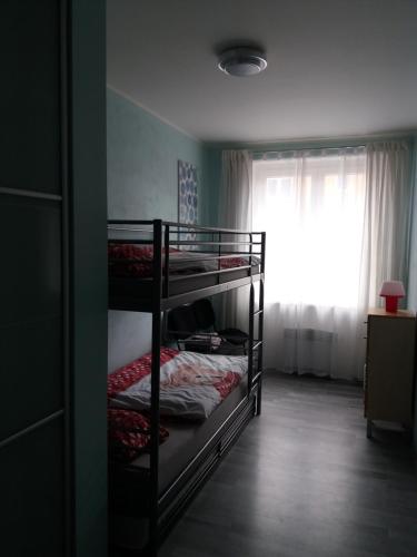 two bunk beds in a room with a window at Apartmán Abertamy Krušné hory in Abertamy