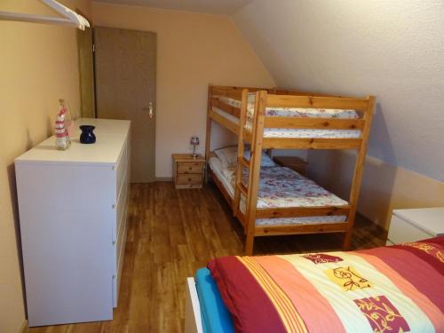 - une chambre avec des lits superposés et une commode dans l'établissement Ferienhaus Ferien am Waldrand, à Kurort Altenberg