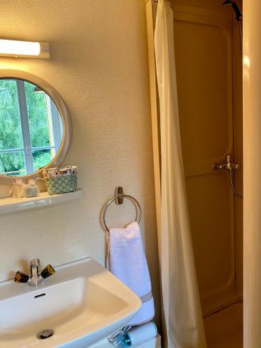 a bathroom with a sink and a shower curtain at Hôtel de famille L.F.M.A.L. in Giat