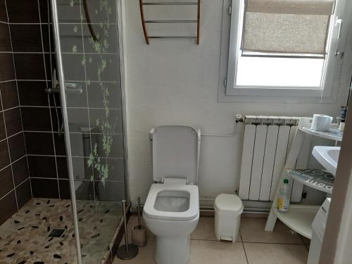 a small bathroom with a toilet and a sink at Gîte Izabeau in Pouillon