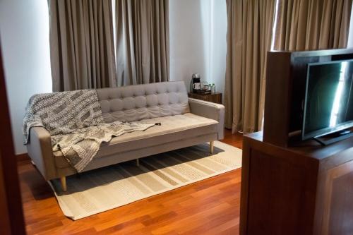 a living room with a couch and a tv at Los Brezos Hotel Boutique in Volcán