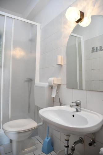 uma casa de banho com um lavatório, um WC e um espelho. em Apartmani Zdenka em Banjol