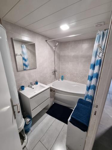 La salle de bains est pourvue d'une baignoire, de toilettes et d'un lavabo. dans l'établissement THELNA naely, à Bray-Dunes