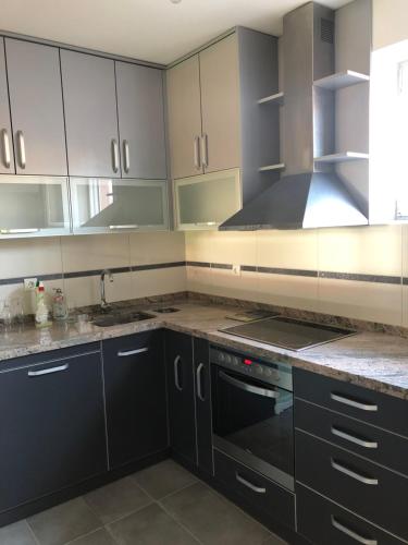 a kitchen with black cabinets and a stove top oven at Sakota family house in Sremska Kamenica