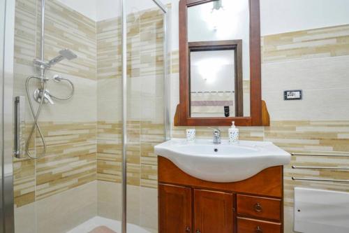 a bathroom with a sink and a shower at Appartamento vista incantevole Domm'e Orrosaria in Baunei