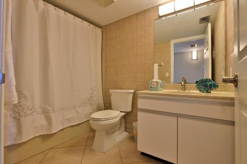 a bathroom with a toilet and a sink and a mirror at New Owner Offering Renovated Condo in New Smyrna Beach! 7 day minimum in New Smyrna Beach