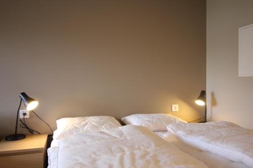 two beds in a bedroom with two lights on the wall at Setnes Feriesenter in Veblungsnes