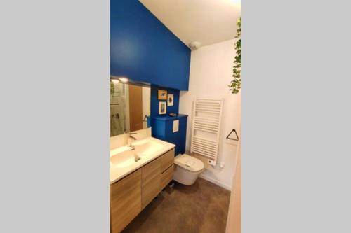 a bathroom with blue walls and a sink and a toilet at Votre Escale - Calliopé in Niort