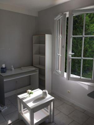une salle de bain blanche avec un lavabo et une fenêtre dans l'établissement Ambiance Seine, appartement sympatique en bord de Seine - Cygne, à Thomery