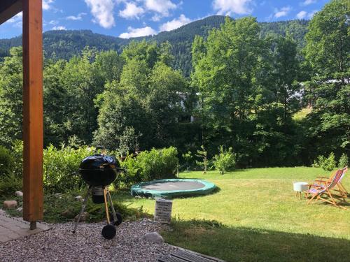 a view of a yard with a pool and a grill at Berghaus Christel, bergbeek in grote tuin in Arnoldstein