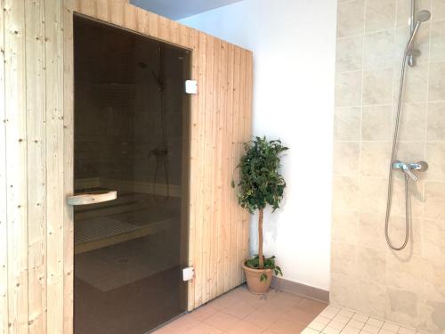 een douche met een glazen deur met een potplant bij AU COEUR DU GOLF **, Giez, proche Lac d' Annecy in Giez