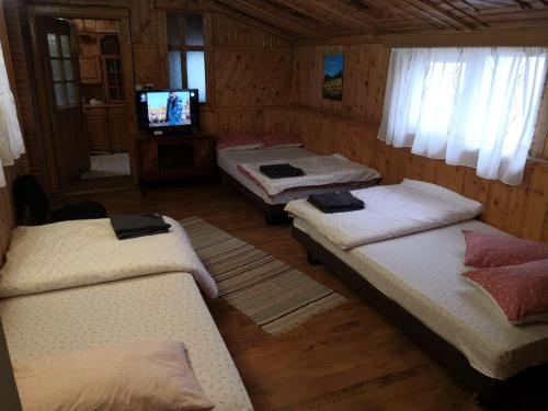 Zimmer mit 3 Betten und einem TV. in der Unterkunft Cabana Taul Brazilor in Roşia Montană