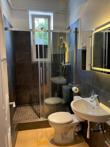 a bathroom with a shower and a toilet and a sink at Apartment Factory in Hamburg