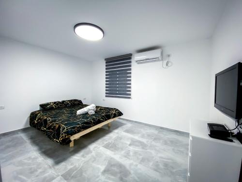 a bedroom with a bed and a flat screen tv at City Apartments in Eilat