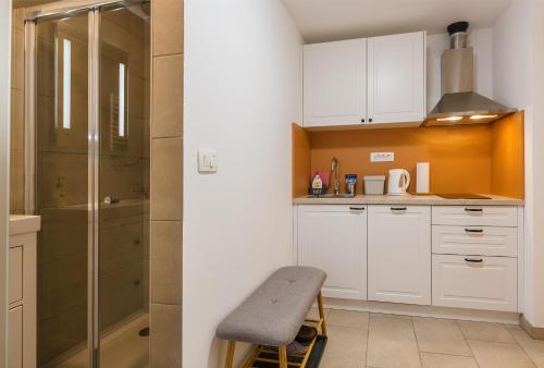 a small kitchen with white cabinets and a shower at Frida's Old House in Bled