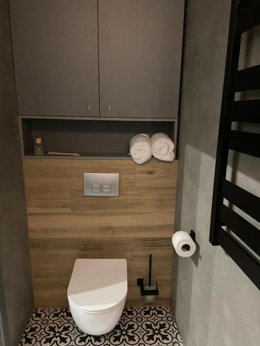 a bathroom with a toilet and two rolls of towels at Lux appartments в центре города в стиле Loft in Vinnytsya