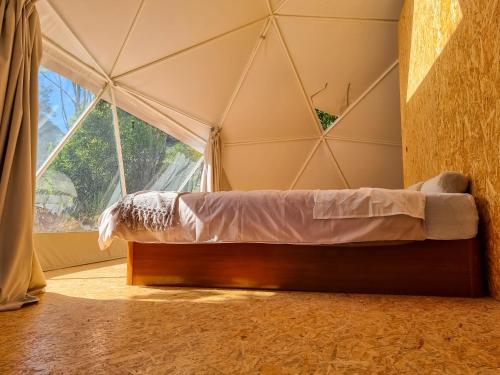 a bed in a room with a large window at Quinta do Abacate - Glamping Park in Angra do Heroísmo