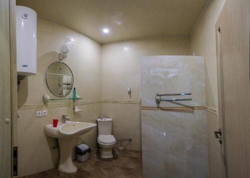 a bathroom with a sink and a toilet and a mirror at Отель центр Трускавца in Truskavets