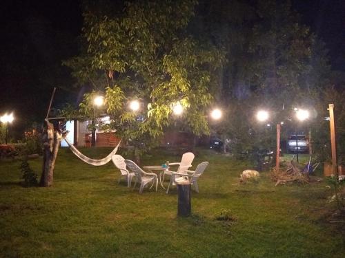 a group of chairs and a table under a tree at night at Complejo Viejo Sulky in Mina Clavero