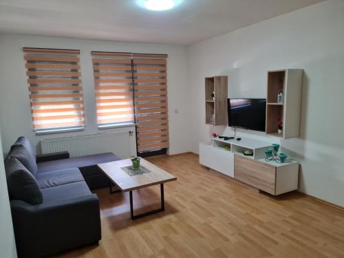 ein Wohnzimmer mit einem Sofa und einem Tisch in der Unterkunft APARTMANI SK in Brčko