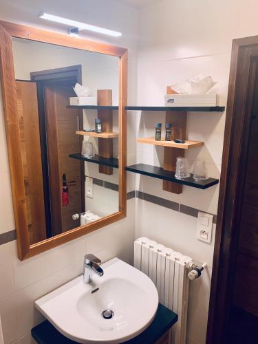 a bathroom with a sink and a mirror and a radiator at Hameau des Prodains - Hôtel in Morzine